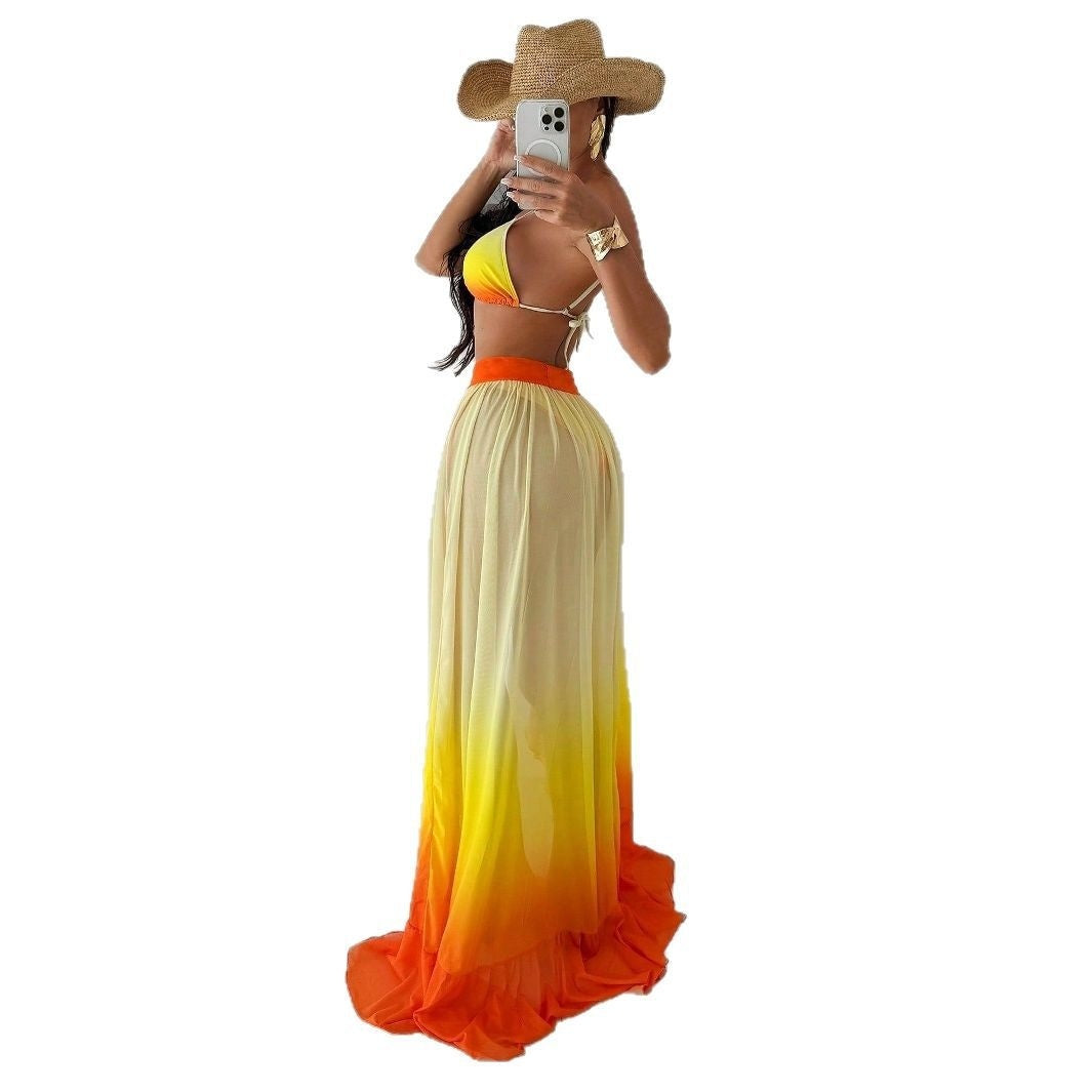 Three-point Sexy Gradient Bikini Tied Lotus Leaf