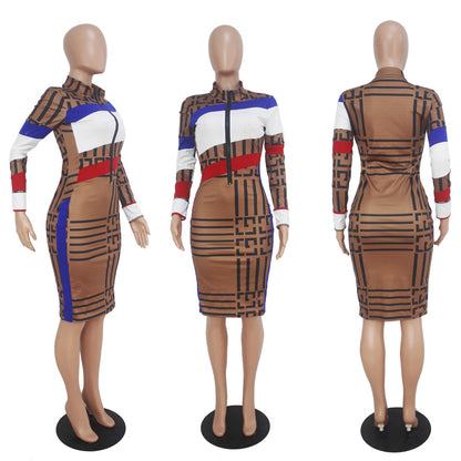 Sexy Multi-color Mosaic Long Sleeve Printed Dress