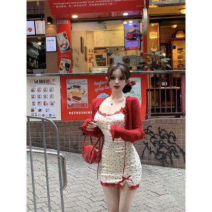 Women's Bow Floral Red Lace Cardigan Coat Lace Skirt