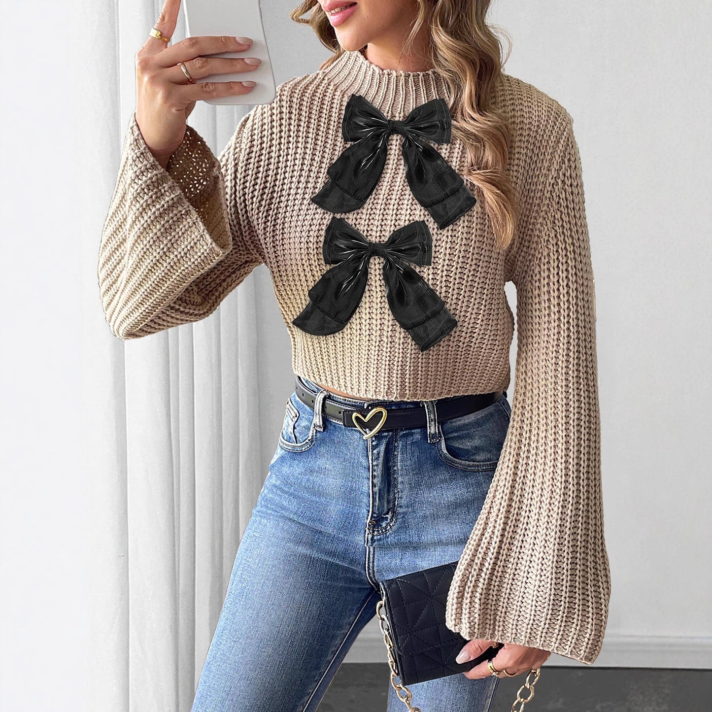 Ladies Bow Patchwork Flared Sleeves Mock Neck Sweater