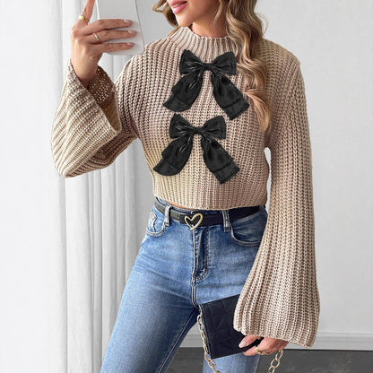 Ladies Bow Patchwork Flared Sleeves Mock Neck Sweater
