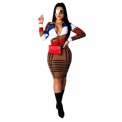 Sexy Multi-color Mosaic Long Sleeve Printed Dress