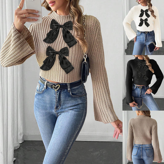 Ladies Bow Patchwork Flared Sleeves Mock Neck Sweater
