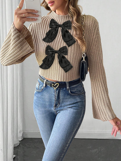 Ladies Bow Patchwork Flared Sleeves Mock Neck Sweater