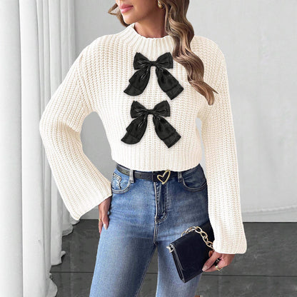 Ladies Bow Patchwork Flared Sleeves Mock Neck Sweater