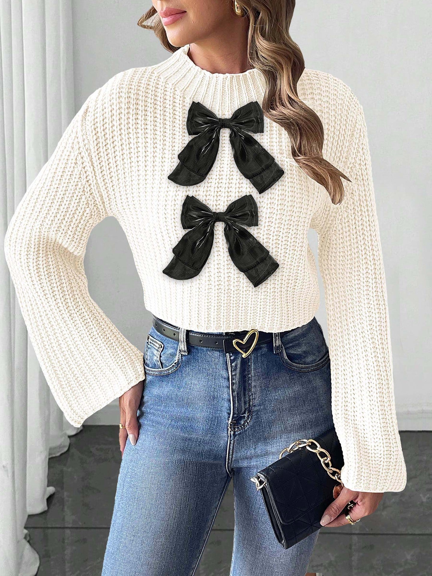 Ladies Bow Patchwork Flared Sleeves Mock Neck Sweater