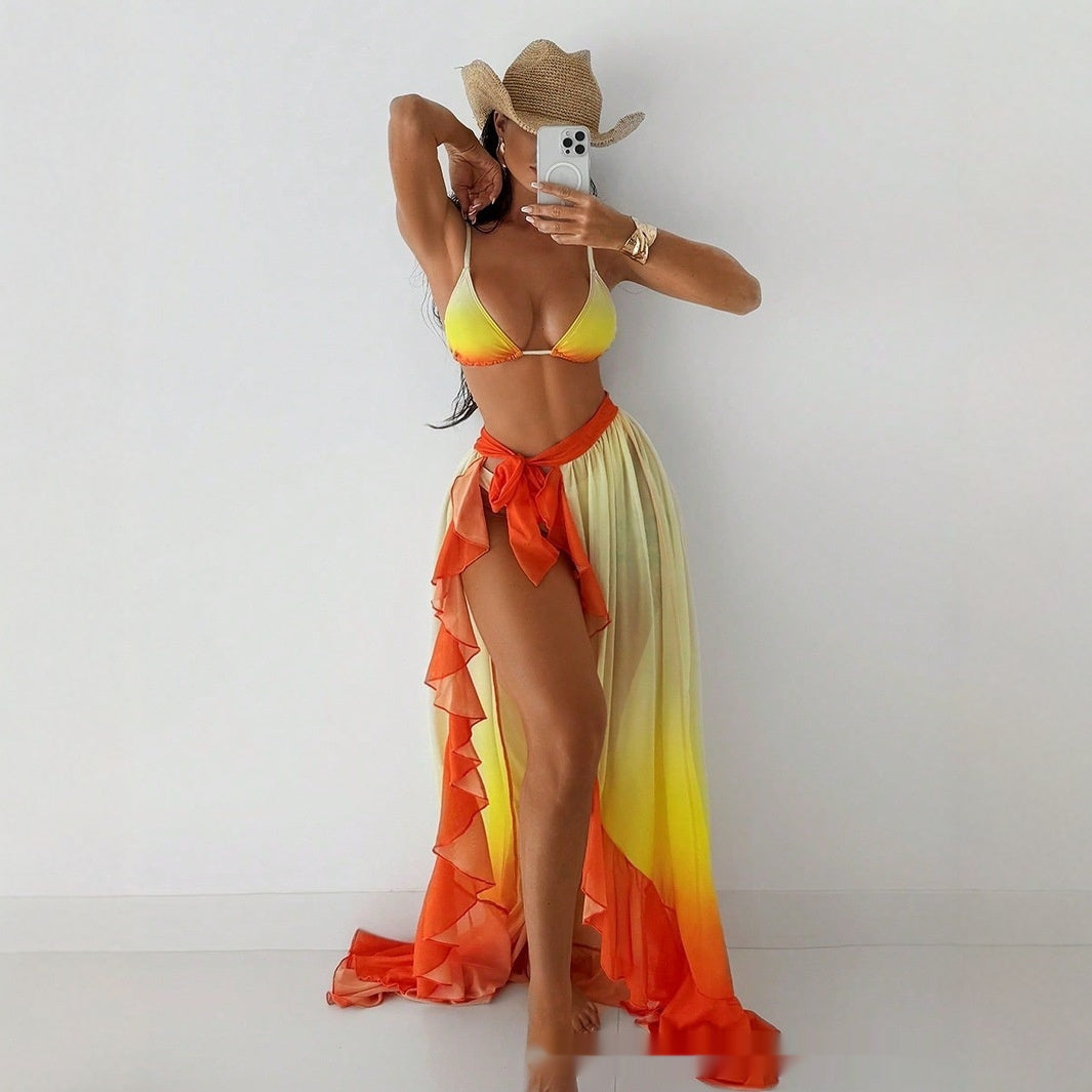 Three-point Sexy Gradient Bikini Tied Lotus Leaf