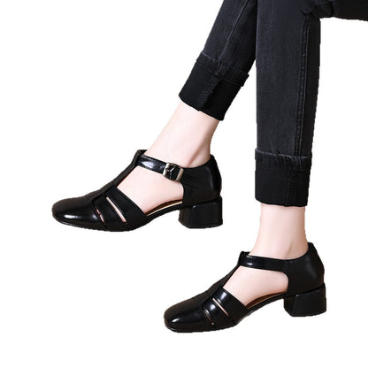 Hollow Retro Strap All-matching Chunky Heel Sandals