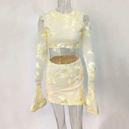 Ladies Embroidered Flower Backless T-shirt Skirt Suit Women