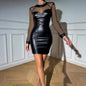 Sexy Hot Girl Mesh Stitching Leather Fashion Tight Dress