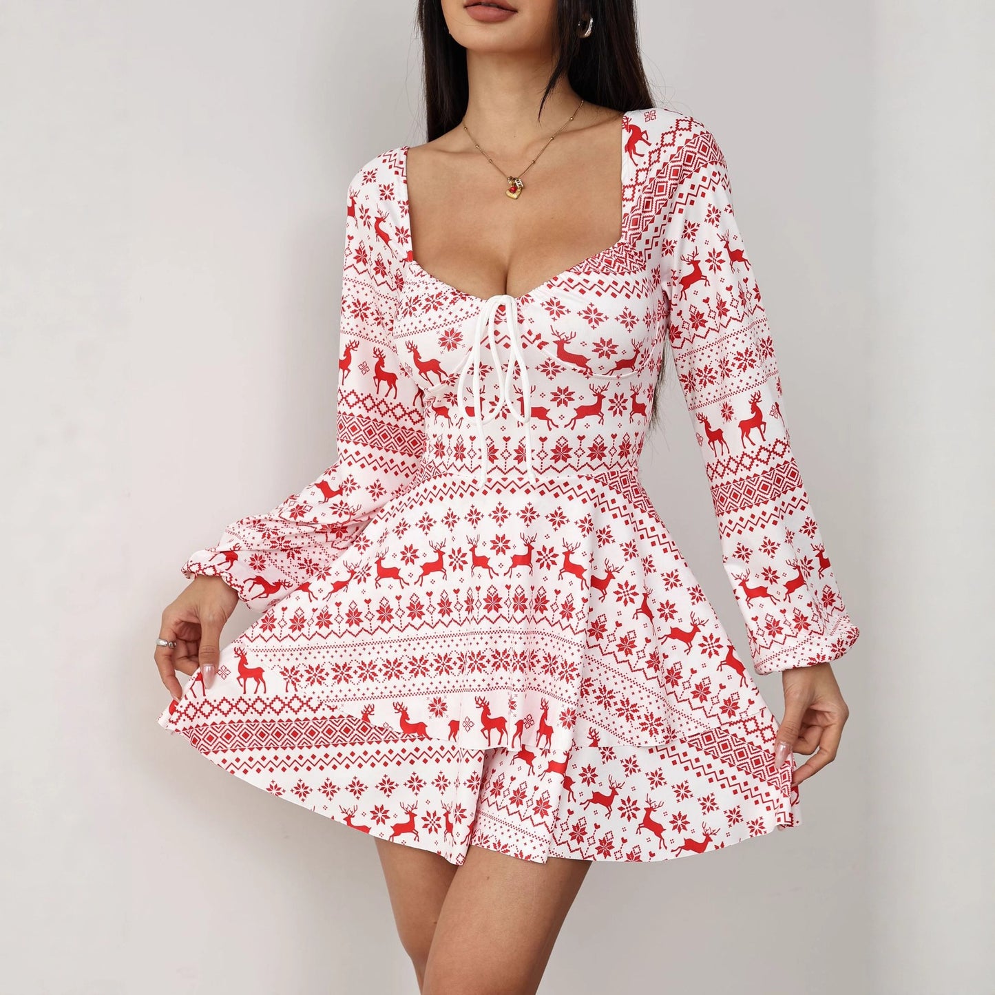 New Christmas Elk Printing Drawstring Backless Long Sleeves Dress