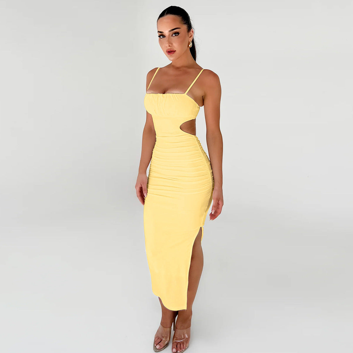 Sexy Backless Ruffle Hip Side Slit Long Dress