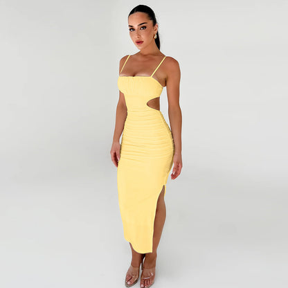 Sexy Backless Ruffle Hip Side Slit Long Dress
