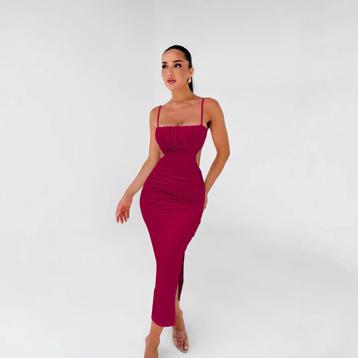 Sexy Backless Ruffle Hip Side Slit Long Dress