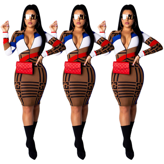 Sexy Multi-color Mosaic Long Sleeve Printed Dress