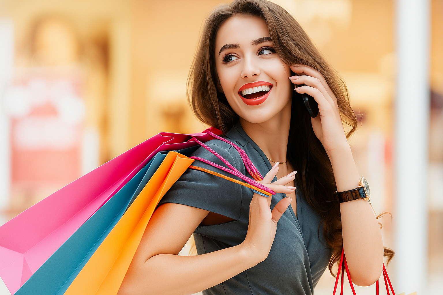 Smiling woman carrying colorful shopping bags while talking on phone, lifestyle fashion and beauty shopping at YelloPaw