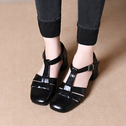 Hollow Retro Strap All-matching Chunky Heel Sandals