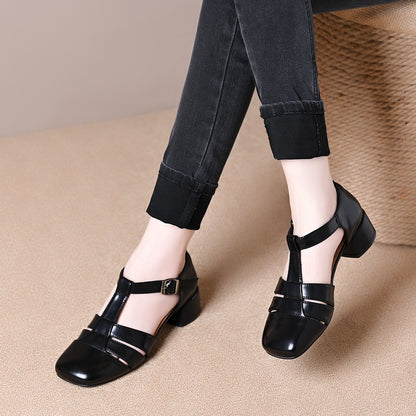 Hollow Retro Strap All-matching Chunky Heel Sandals