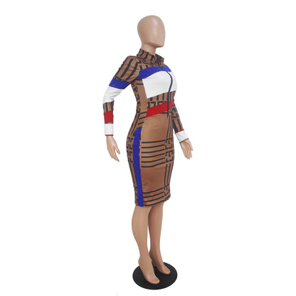 Sexy Multi-color Mosaic Long Sleeve Printed Dress