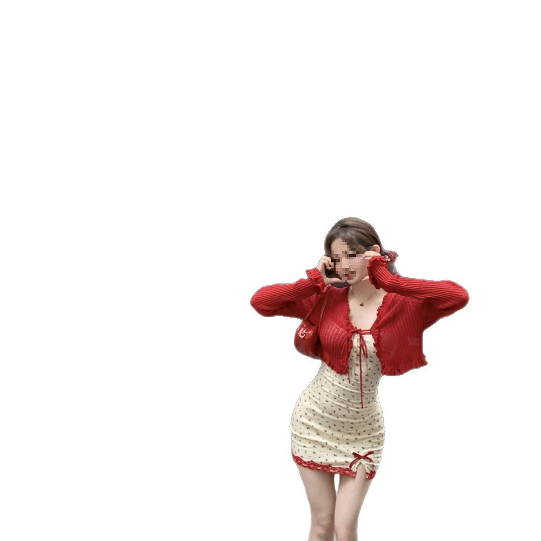 Women's Bow Floral Red Lace Cardigan Coat Lace Skirt