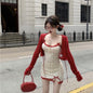 Women's Bow Floral Red Lace Cardigan Coat Lace Skirt