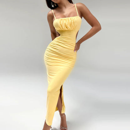 Sexy Backless Ruffle Hip Side Slit Long Dress