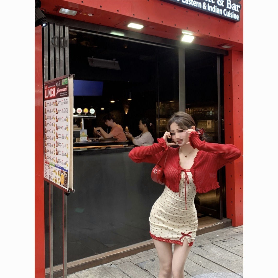 Women's Bow Floral Red Lace Cardigan Coat Lace Skirt